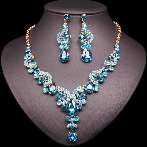 Fashion Indian Bridal Earrings Necklace Set Dubai Luxury Crystal Wedding Jewelry Sets Gold-Color Women's Costume Jewellery Gifts