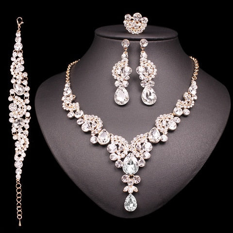 Fashion Indian Bridal Earrings Necklace Set Dubai Luxury Crystal Wedding Jewelry Sets Gold-Color Women's Costume Jewellery Gifts