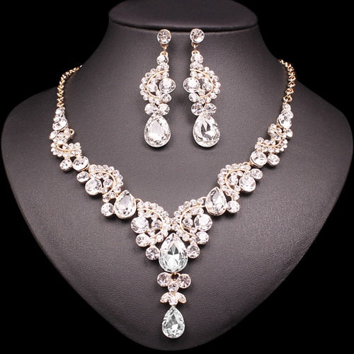 Fashion Indian Bridal Earrings Necklace Set Dubai Luxury Crystal Wedding Jewelry Sets Gold-Color Women's Costume Jewellery Gifts