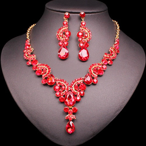 Fashion Indian Bridal Earrings Necklace Set Dubai Luxury Crystal Wedding Jewelry Sets Gold-Color Women's Costume Jewellery Gifts