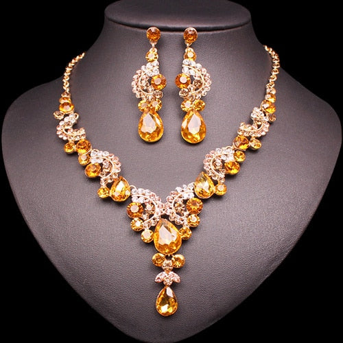 Fashion Indian Bridal Earrings Necklace Set Dubai Luxury Crystal Wedding Jewelry Sets Gold-Color Women's Costume Jewellery Gifts