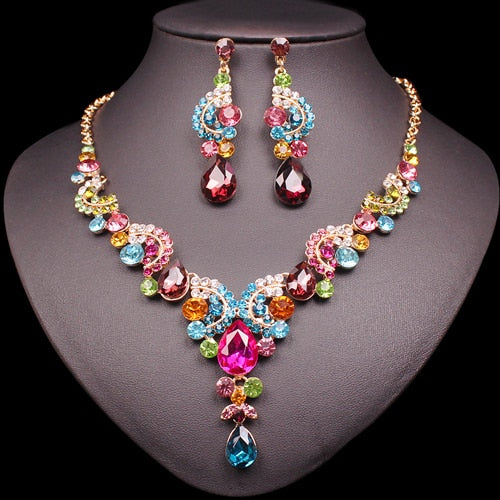 Fashion Indian Bridal Earrings Necklace Set Dubai Luxury Crystal Wedding Jewelry Sets Gold-Color Women's Costume Jewellery Gifts