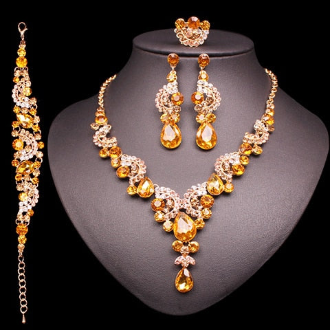 Fashion Indian Bridal Earrings Necklace Set Dubai Luxury Crystal Wedding Jewelry Sets Gold-Color Women's Costume Jewellery Gifts