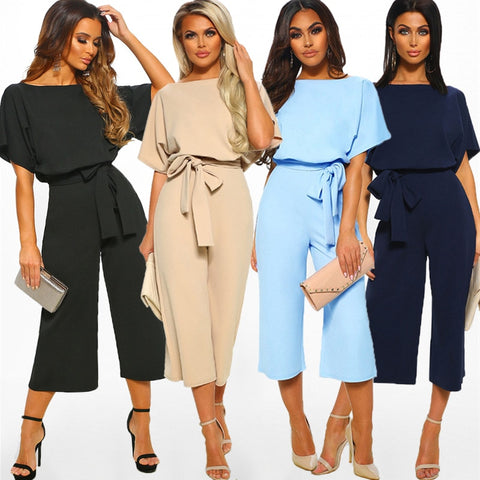 Women Cotton Bandage Jumpsuit Summer Fashion 2019 Short Sleeve Playsuits Clubwear Straight Leg With Belt Overalls Bodycon Ladies