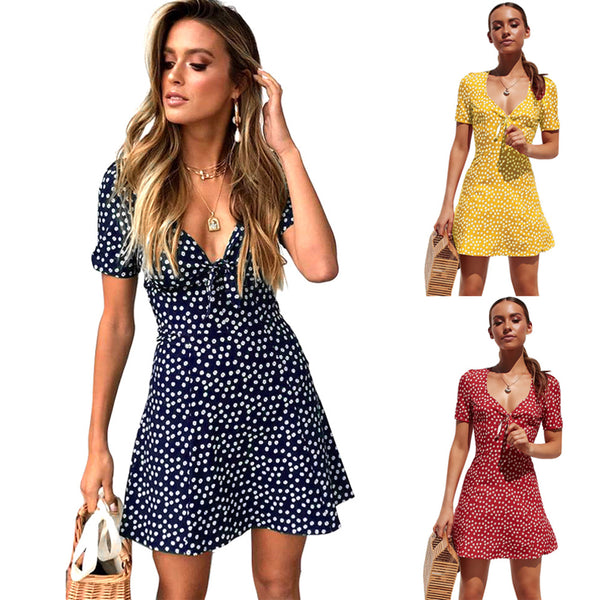 Bow Tie Casual Summer Women's Dress 2019 Sexy V Neck Short-Sleeved Mini Dress A Line Printed Floral Boho Vestidos Beach Dressse