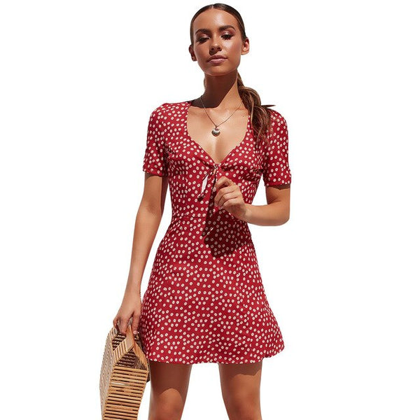 Bow Tie Casual Summer Women's Dress 2019 Sexy V Neck Short-Sleeved Mini Dress A Line Printed Floral Boho Vestidos Beach Dressse