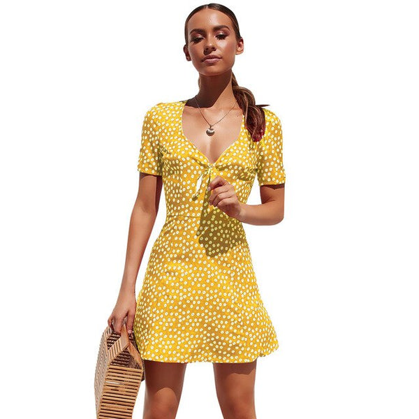 Bow Tie Casual Summer Women's Dress 2019 Sexy V Neck Short-Sleeved Mini Dress A Line Printed Floral Boho Vestidos Beach Dressse