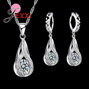 New Brand 925 Sterling SIlver  Classic Drop Shape Crystal Jewelry Sets Water Wave Necklace Pendant Hoop Earrings For Woman