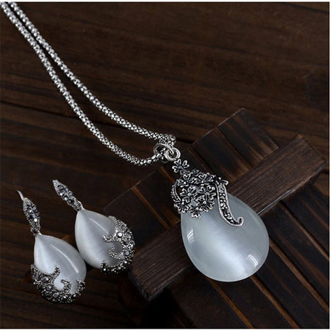 Vintage Water Drop Pendant Necklaces Earrings Set  Silver Wedding Engagement Jewelry Sets for Women