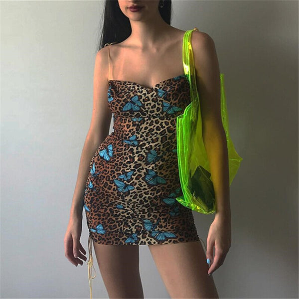 Summer Dress Women Spaghetti Strap Sleeveless Sexy Leopard Print Butterfly Print Bodycon Dresss Party Dress Vestidos Robe Femme