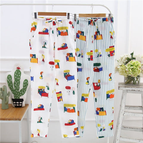 Sleep Bottom Women 100% Cotton Full Pants Lady Home Cartoon Pajamas Sexy Soft Slip Summer Pant Big Size Student Sleepwear