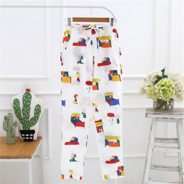 Sleep Bottom Women 100% Cotton Full Pants Lady Home Cartoon Pajamas Sexy Soft Slip Summer Pant Big Size Student Sleepwear