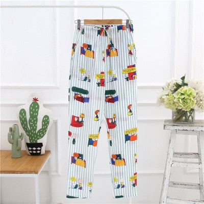 Sleep Bottom Women 100% Cotton Full Pants Lady Home Cartoon Pajamas Sexy Soft Slip Summer Pant Big Size Student Sleepwear