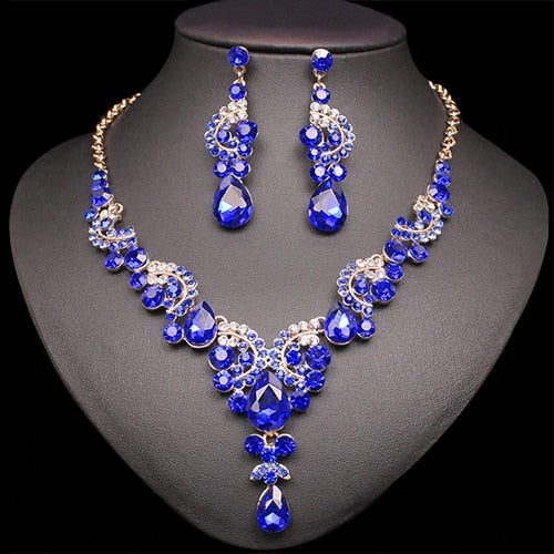 Fashion Indian Bridal Earrings Necklace Set Dubai Luxury Crystal Wedding Jewelry Sets Gold-Color Women's Costume Jewellery Gifts