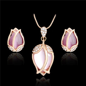 H:HYDE Bridal Jewelry Sets Parure Bijoux Femme Pink Natural Stone Rose Flowers Gold Color Jewelry Wedding Jewelry Sets