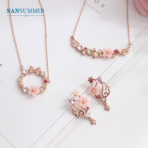 SANSUMMER Women Jewelry Sets 2019 New Girl Gold Pink Bow Sakura Earring Necklace Sweet Lovely Metal Female Jewelry Sets 5709