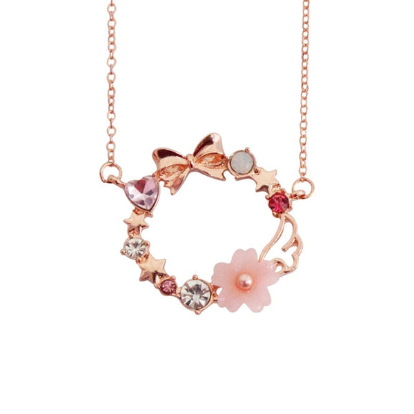 SANSUMMER Women Jewelry Sets 2019 New Girl Gold Pink Bow Sakura Earring Necklace Sweet Lovely Metal Female Jewelry Sets 5709