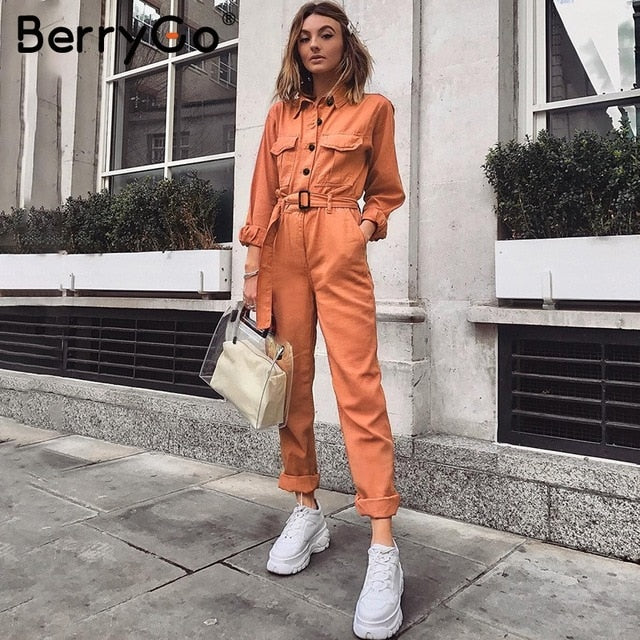 BerryGo Casual cargo cotton female jumpsuits Orange sash pocket sport womens jumpsuit romper Chic autumn winter ladies overalls