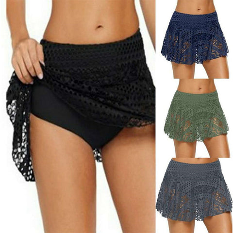 Suzhan Women Short Skort Swim dress Skirt With Panties Lace Crochet Skirted Bikini Bottom