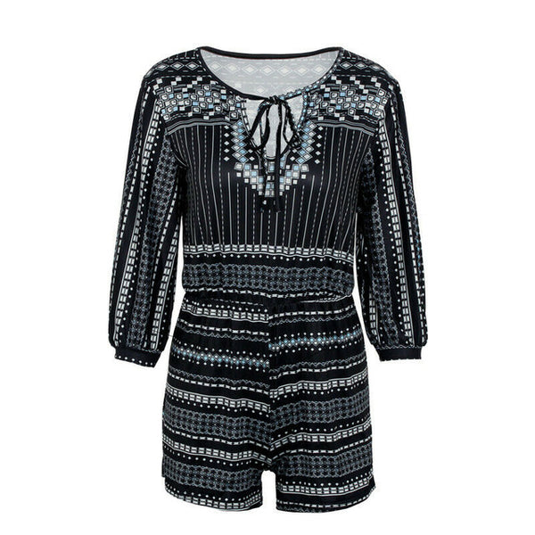 Sexy Women Summer Loose Jumpsuit Long Sleeve V Neck Female High Waist Striped Printed Playsuit Summer Beach Clothes