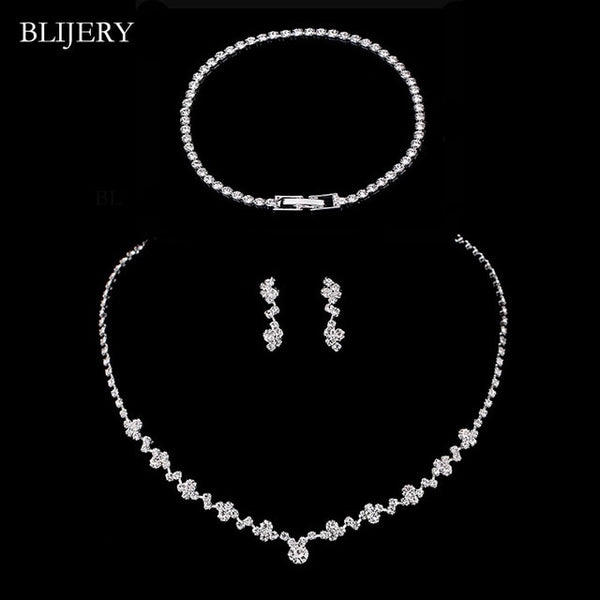 BLIJERY Fashion Crystal Bridal Jewelry Sets Silver Color Geometric Choker Necklace Earrings Bracelet Wedding Jewelry Sets