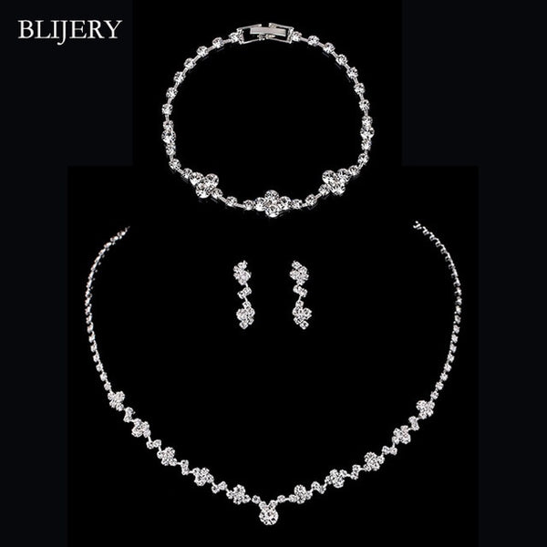 BLIJERY Fashion Crystal Bridal Jewelry Sets Silver Color Geometric Choker Necklace Earrings Bracelet Wedding Jewelry Sets