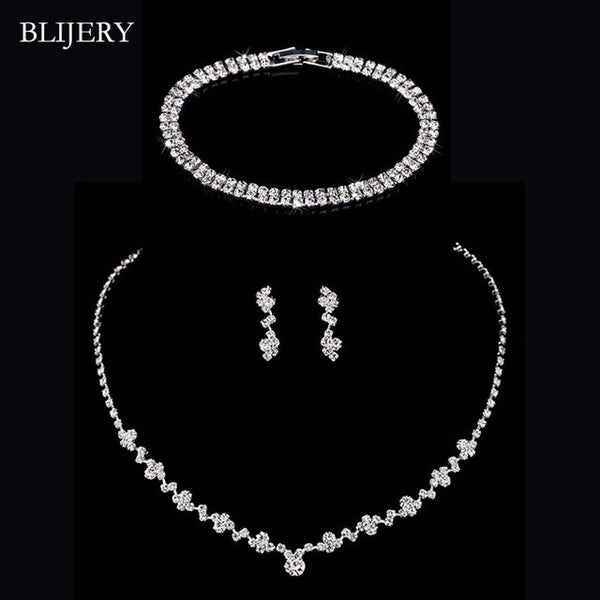 BLIJERY Fashion Crystal Bridal Jewelry Sets Silver Color Geometric Choker Necklace Earrings Bracelet Wedding Jewelry Sets