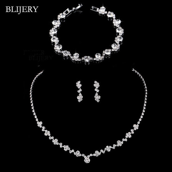 BLIJERY Fashion Crystal Bridal Jewelry Sets Silver Color Geometric Choker Necklace Earrings Bracelet Wedding Jewelry Sets