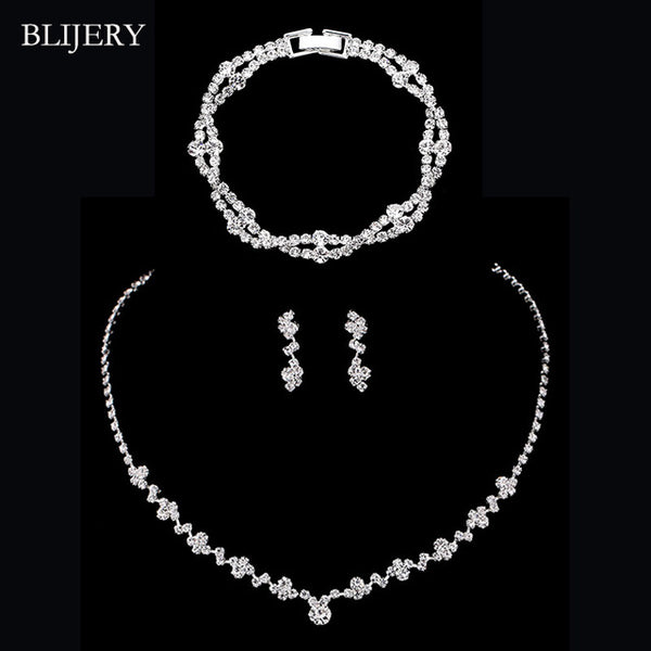 BLIJERY Fashion Crystal Bridal Jewelry Sets Silver Color Geometric Choker Necklace Earrings Bracelet Wedding Jewelry Sets