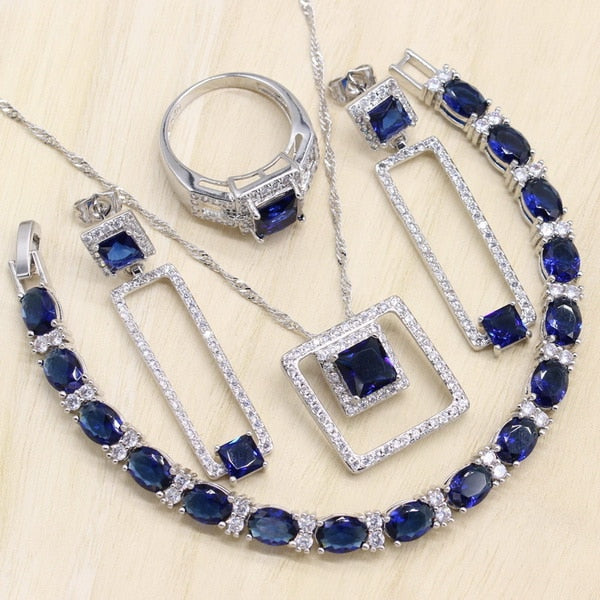 Rectangle Blue Cubic Zirconia  925 Sterling Silver Jewelry Sets For Women Earrings/Pendant/Necklace/Bracelet