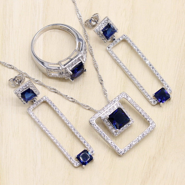 Rectangle Blue Cubic Zirconia  925 Sterling Silver Jewelry Sets For Women Earrings/Pendant/Necklace/Bracelet