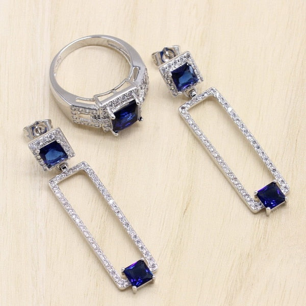 Rectangle Blue Cubic Zirconia  925 Sterling Silver Jewelry Sets For Women Earrings/Pendant/Necklace/Bracelet