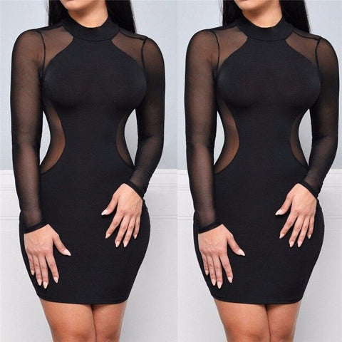 Women Sexy Slim Long Sleeve Party Club Wear Casual Short Mini Dress Turtleneck Solid Transparent Dresss Femme Mujer Vestidos