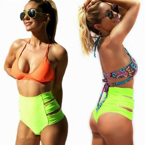 Women Vintage Bikini Panties High Waist Swimwear Bottom Solid Side Split Hollow Bandage Female Swimsuit Briefs Beachwear Bathing