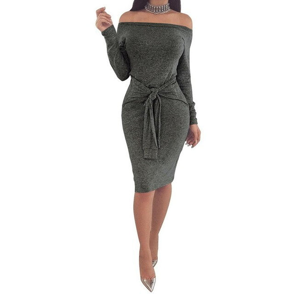 MoYan Women Long Sleeve Dress Female 2018 New Sexy Solid Waist Lace Up Dresss Fashion Off Shoulder Long Sleeve Bodycon Dress