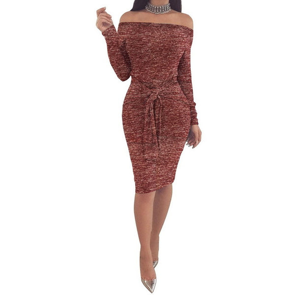 MoYan Women Long Sleeve Dress Female 2018 New Sexy Solid Waist Lace Up Dresss Fashion Off Shoulder Long Sleeve Bodycon Dress