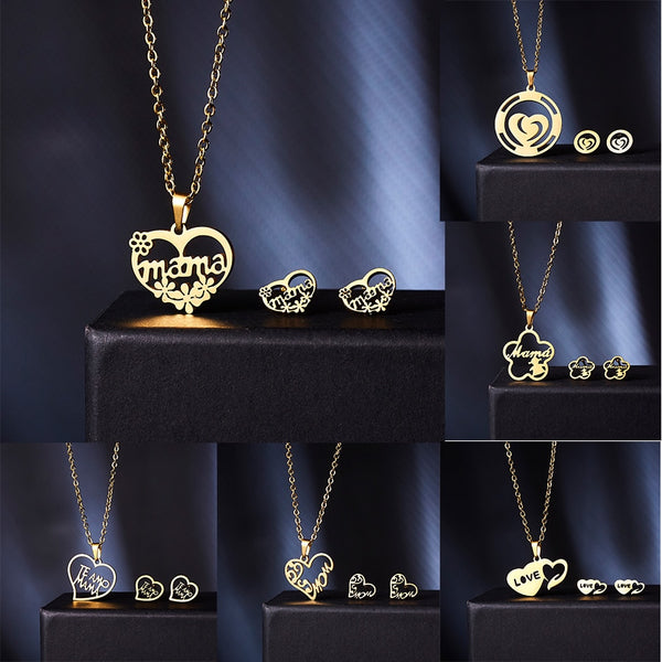 Collier Femme Stainless Steel Jewelry Set Gold Chain Love Heart Mama Mom Pendant Necklaces Earing Set Jewelry Mother's Day Gift