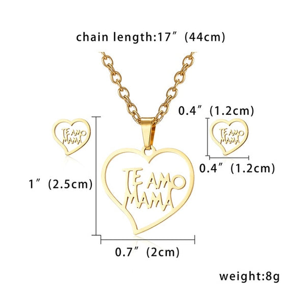 Collier Femme Stainless Steel Jewelry Set Gold Chain Love Heart Mama Mom Pendant Necklaces Earing Set Jewelry Mother's Day Gift