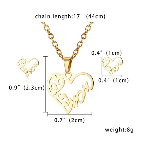 Collier Femme Stainless Steel Jewelry Set Gold Chain Love Heart Mama Mom Pendant Necklaces Earing Set Jewelry Mother's Day Gift