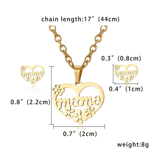 Collier Femme Stainless Steel Jewelry Set Gold Chain Love Heart Mama Mom Pendant Necklaces Earing Set Jewelry Mother's Day Gift