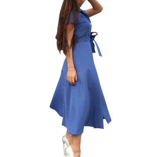 Women's Lapel Solid Color Button Short Sleeve Dresss Fashion Bandage Dress Vestidos Femme Casual High Waist Split Summer Dress