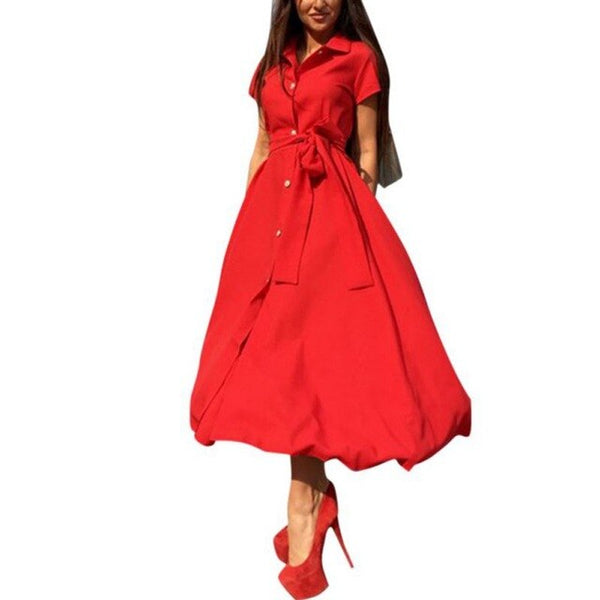 Women's Lapel Solid Color Button Short Sleeve Dresss Fashion Bandage Dress Vestidos Femme Casual High Waist Split Summer Dress