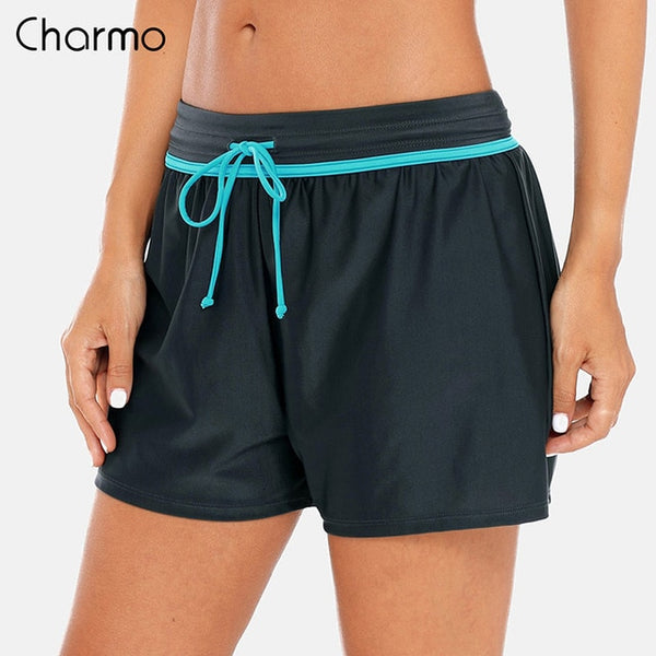 Charmo Women Swimming Shorts Patchwork Bikini Bottom Strappy Adjustable Swimwear Briefs Boy Shorts Swimming Trunks