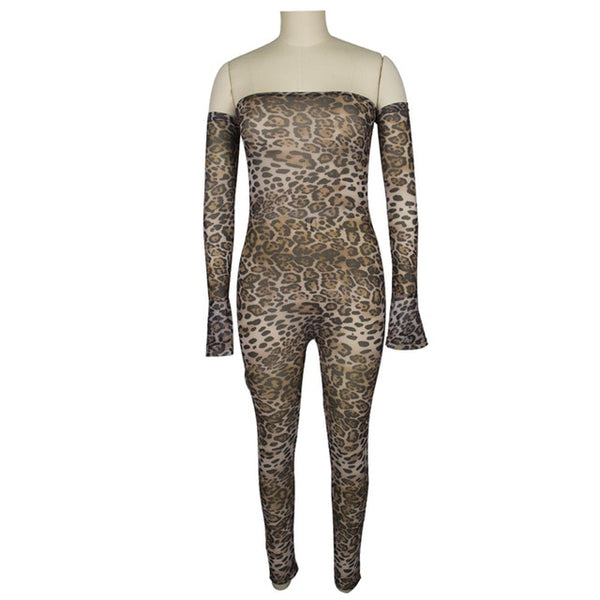 Adogirl Leopard Print Sheer Mesh Night Club Party Jumpsuits Women Sexy Slash Neck Off Shoulder Long Sleeve Romper Female Outfits