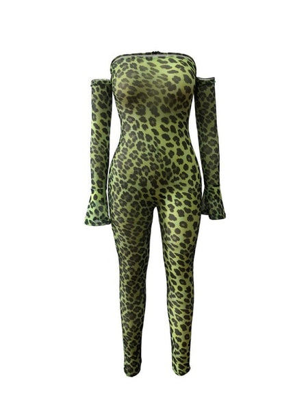 Adogirl Leopard Print Sheer Mesh Night Club Party Jumpsuits Women Sexy Slash Neck Off Shoulder Long Sleeve Romper Female Outfits