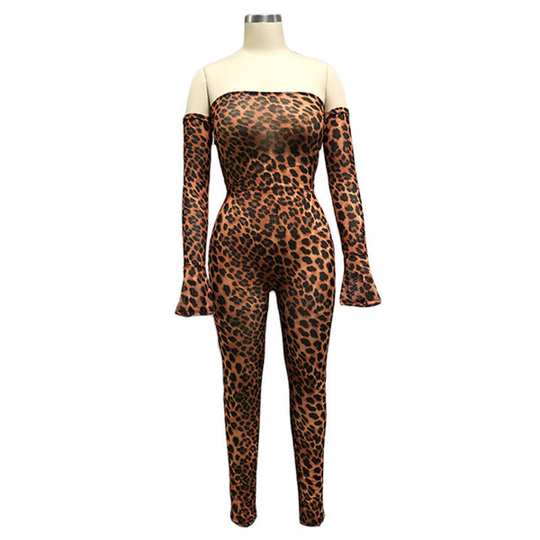 Adogirl Leopard Print Sheer Mesh Night Club Party Jumpsuits Women Sexy Slash Neck Off Shoulder Long Sleeve Romper Female Outfits