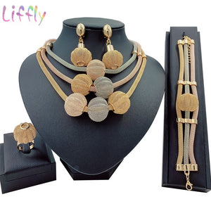 Big African Gold Jewelry Set for Women Nigerian Choker Necklace Statement Jewellery Three Tone Layered Earrings Ring Bracelet