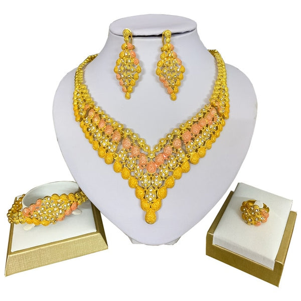 Fashion Charm African Bride Earrings Ring Drop Jewelry Sets Classic Style Wedding Dubai Necklace Bracelet for Women Jewelry Set