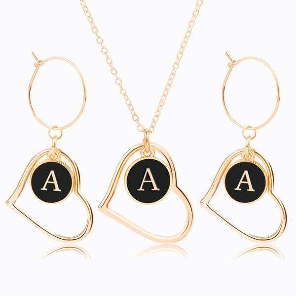 Alphabet A-Z Heart Shaped Earring And Necklace Set Jewelry For Women Trendy Jewelry Sets Romantic Jewelry Female Bijoux