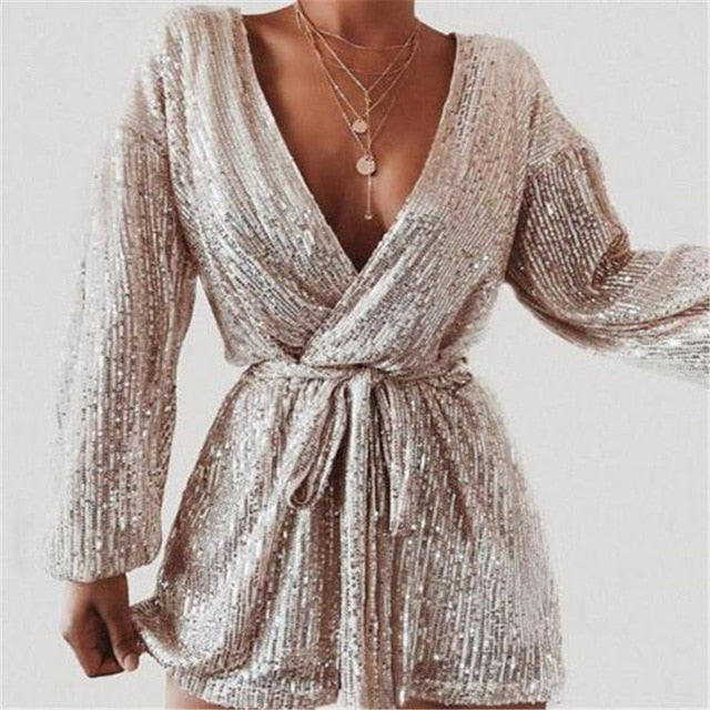 Sexy Women Playsuit Sequins Long Sleeve Bodycon Jumpsuit Female Romper Solid Color Lady Jumpsuits Womens Clothing Party Playsuit